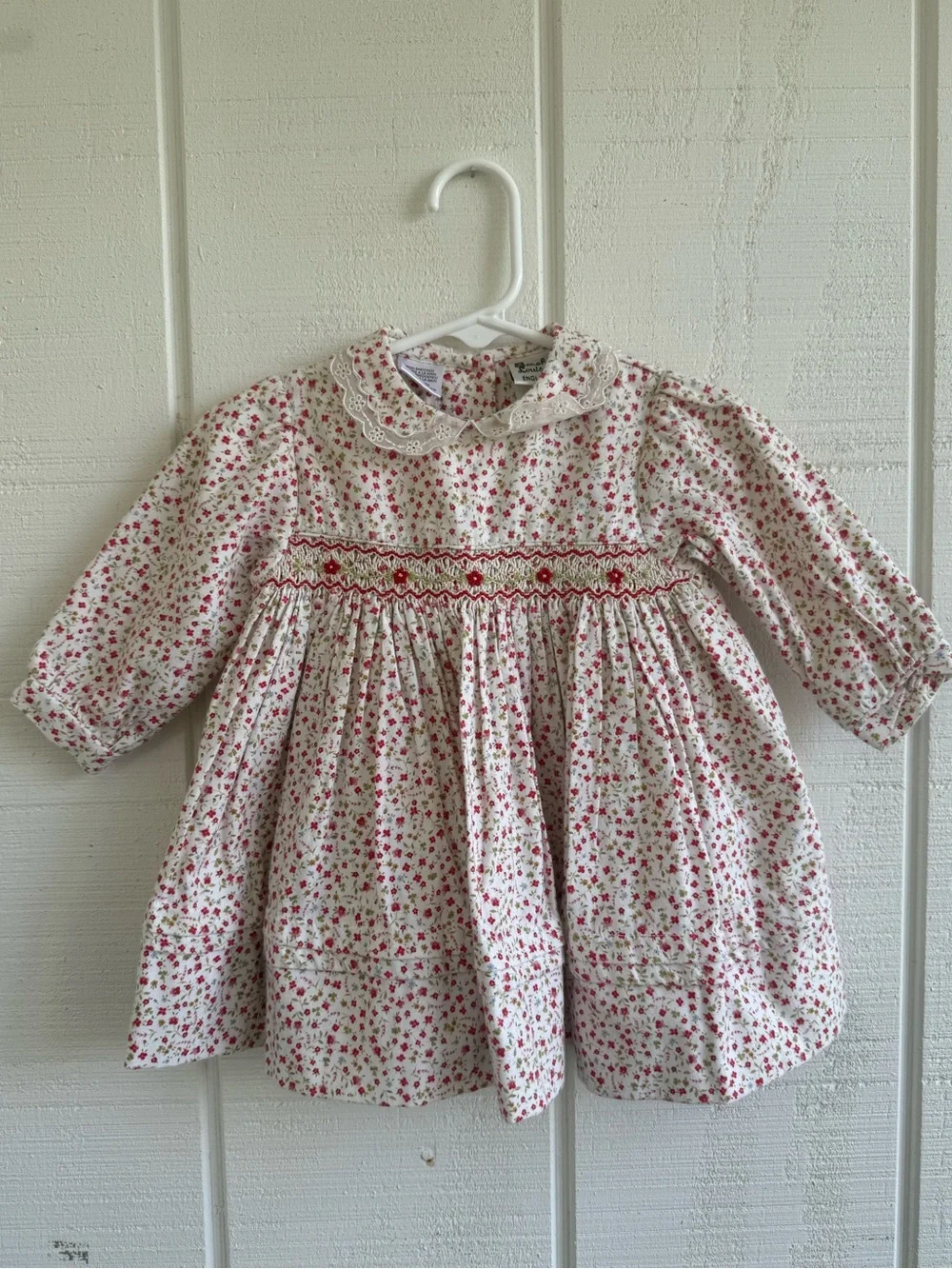 Sarah Louise England Red Floral Long Sleeve Hand Smocked Lace Collar Dress